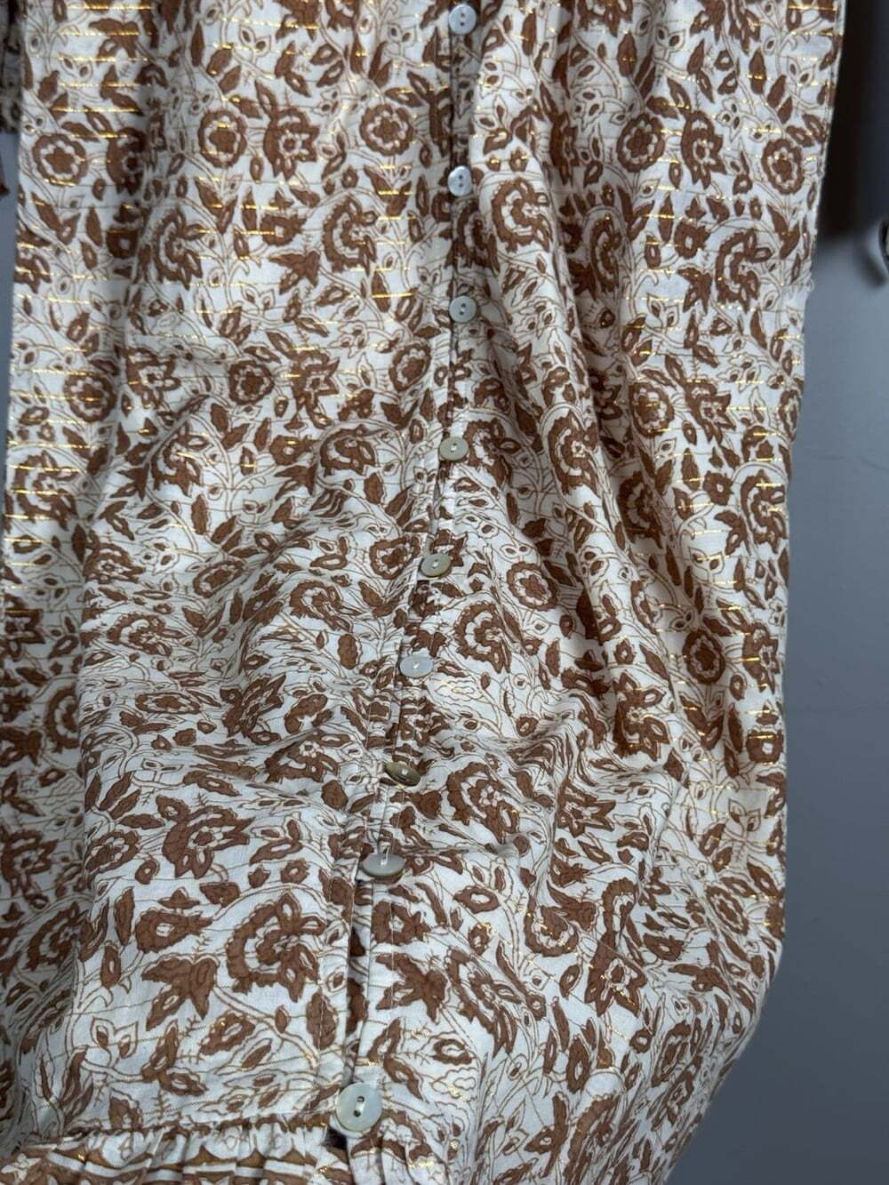 Cleobella Brown Ivory Floral Woven V-Neck Puff Sleeve Maxi Button Dress S - Picture 10 of 10